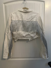 Load image into Gallery viewer, 159. White Metallic Tassel Mid Rise Denim Jacket Size L (VGUC)