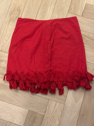 170. Red Linen Tassel Skirt Size M (VGUC)