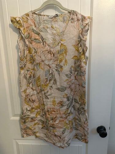 157. Peach Floral Linen Dress Size L (VGUC)