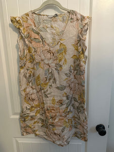 157. Peach Floral Linen Dress Size L (VGUC)