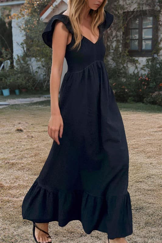 Smocked Bodice Black Maxi