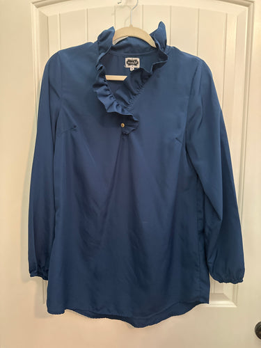 142. Mud Pie Navy Ruffle Neck Blouse Size M (VGUC)