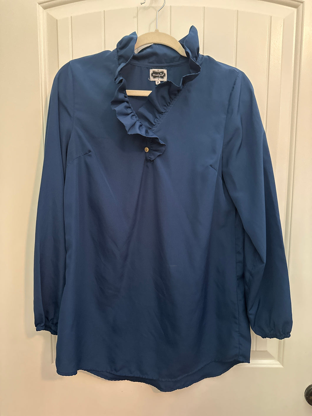 142. Mud Pie Navy Ruffle Neck Blouse Size M (VGUC)