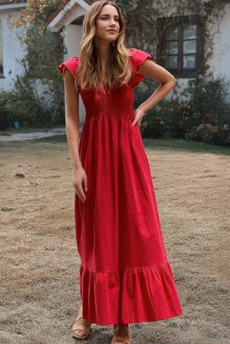 177. Red Smocked Pocketed Maxi Size L (NWOT)