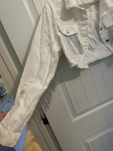 Load image into Gallery viewer, 159. White Metallic Tassel Mid Rise Denim Jacket Size L (VGUC)