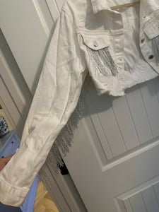 159. White Metallic Tassel Mid Rise Denim Jacket Size L (VGUC)