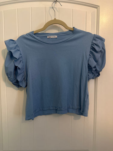 15. ZARA Blue Ruffle Sleeve Top Size L (VGUC)