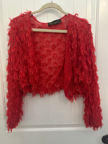 108. Red and Gold Fringe Cardigan Size L (VGUC)