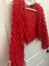 Load image into Gallery viewer, 108. Red and Gold Fringe Cardigan Size L (VGUC)