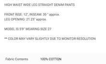 Load image into Gallery viewer, High Waist Wide Leg Straight Denim Pants